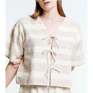 New Laude the Label Baker Top Womens L/XL Terracotta Ticking Stripe Tie Front